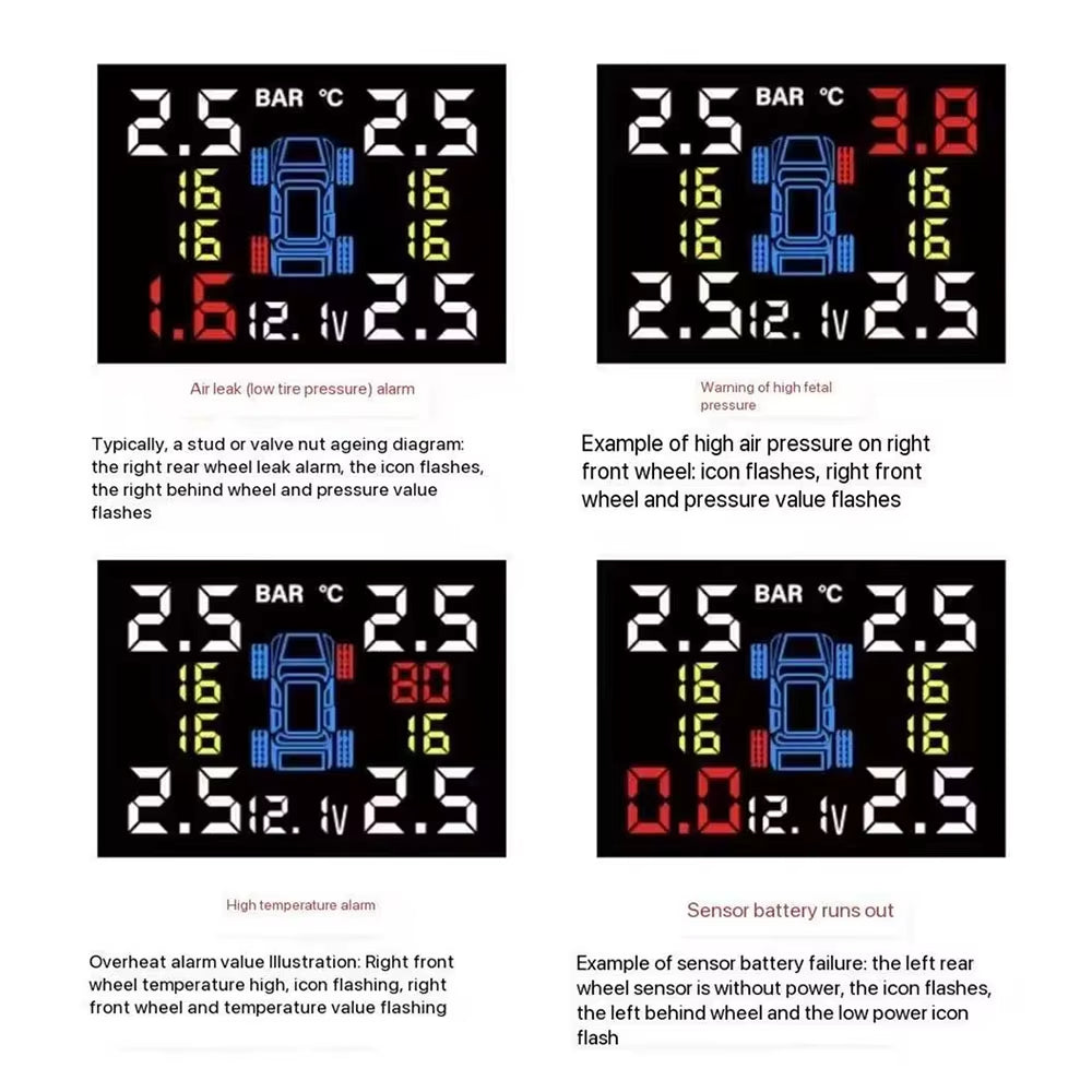 Car TPMS Cigarette Lighter Tire Pressure Monitoring System Alarm Tyre Air Pressure Meter Gauge Temperature Warning with 4 Sensor