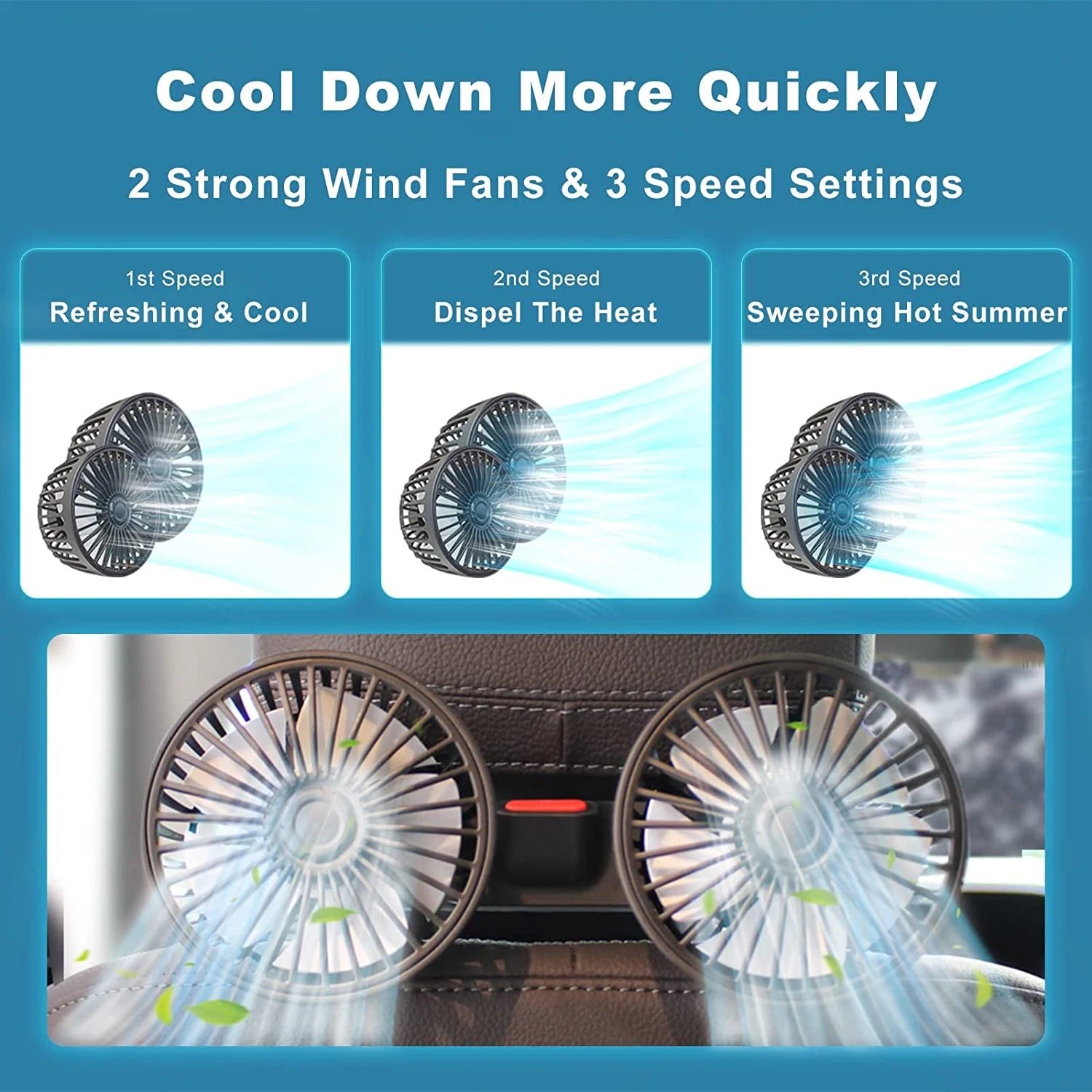 Car Fan 360° 3-Speed Car Seat Back Cooling Fan USB Charge Dual Head Fan Adjustable Rotation Neck Cooler for Car Home Accessories