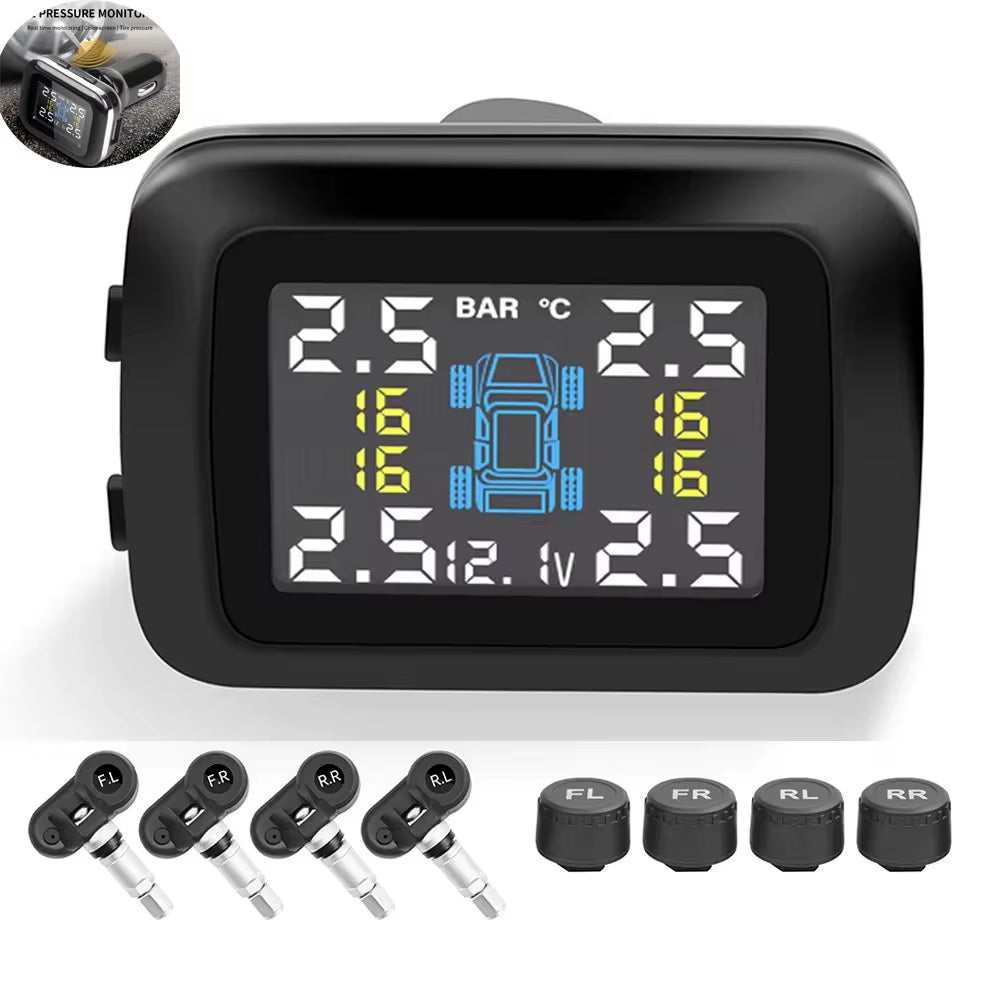 Car TPMS Cigarette Lighter Tire Pressure Monitoring System Alarm Tyre Air Pressure Meter Gauge Temperature Warning with 4 Sensor