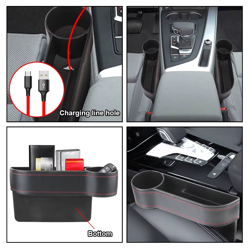 PU Leather Car Seat Gap Storage Box Universal Seat Gap Slit Box with Charging Hole Phone Bottle Keys Holder Box Auto Organizer