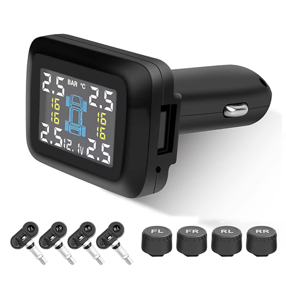 Car TPMS Cigarette Lighter Tire Pressure Monitoring System Alarm Tyre Air Pressure Meter Gauge Temperature Warning with 4 Sensor